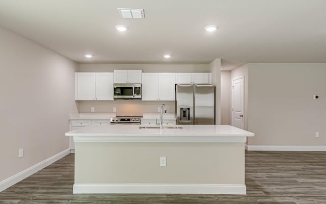 kitchen with a kitchen island with sink, sink, stainless steel appliances, and white cabinets