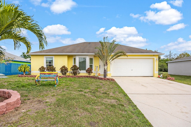 single story home featuring a front lawn and a garage