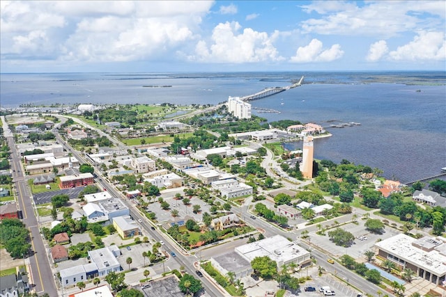 drone / aerial view with a water view