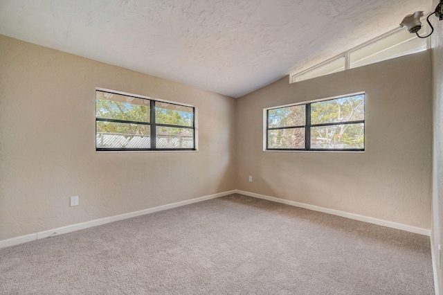 carpeted spare room featuring plenty of natural light, vaulted ceiling, and a textured ceiling