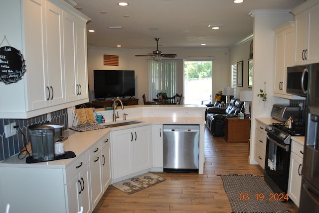 kitchen featuring ceiling fan, sink, stainless steel appliances, white cabinets, and crown molding