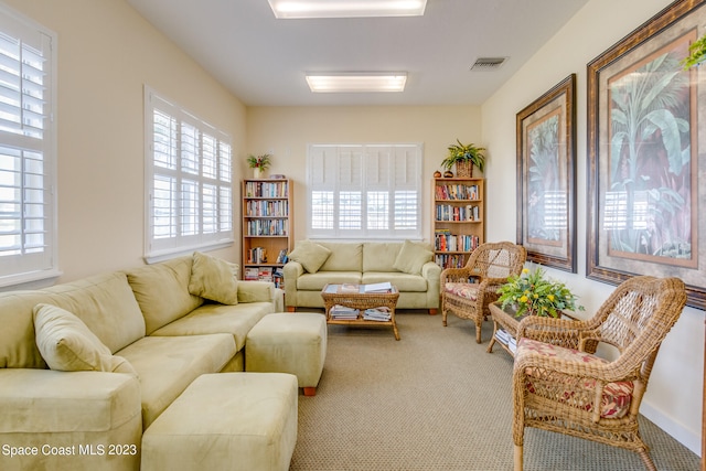 living room featuring light colored carpet