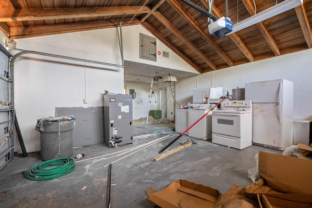 garage with a garage door opener, separate washer and dryer, white fridge, and wood ceiling