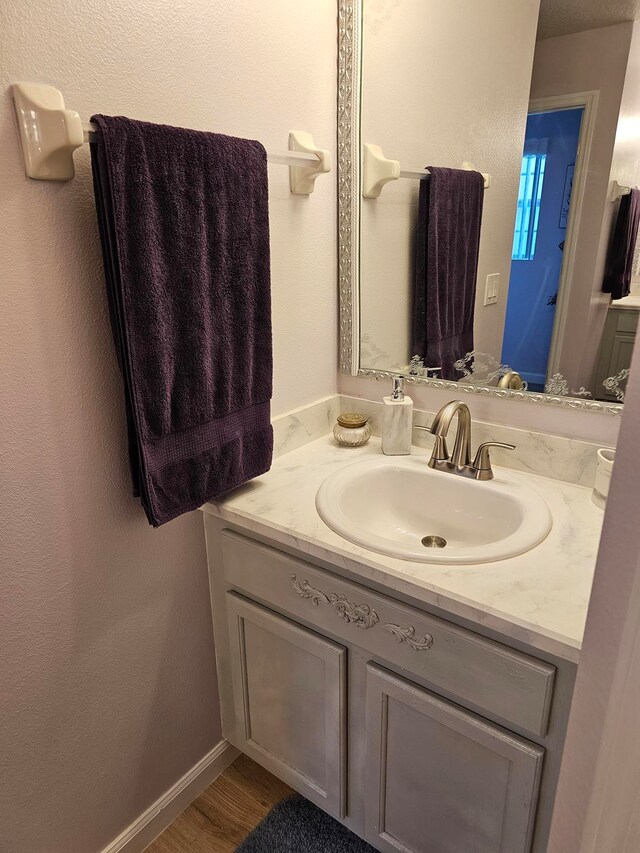 bathroom featuring wood-type flooring and oversized vanity