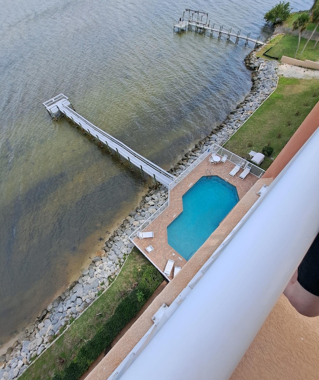 drone / aerial view featuring a water view