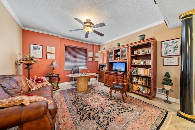 carpeted office space with ceiling fan, a textured ceiling, and ornamental molding