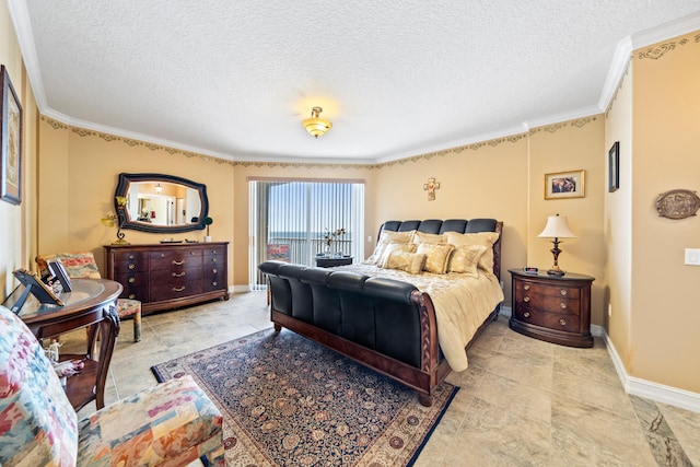 bedroom featuring light tile floors, crown molding, and a textured ceiling