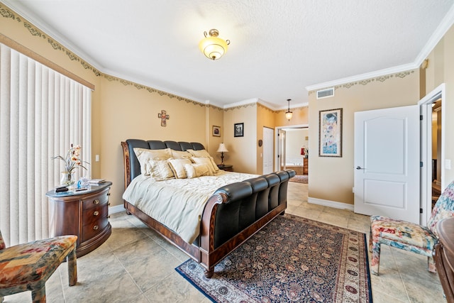 bedroom featuring ornamental molding and light tile floors