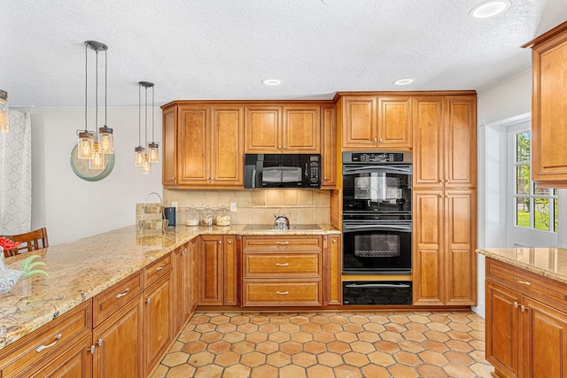 kitchen with light stone counters, tasteful backsplash, light tile floors, and black appliances