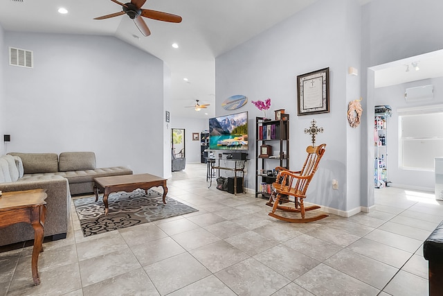 tiled living room featuring high vaulted ceiling and ceiling fan