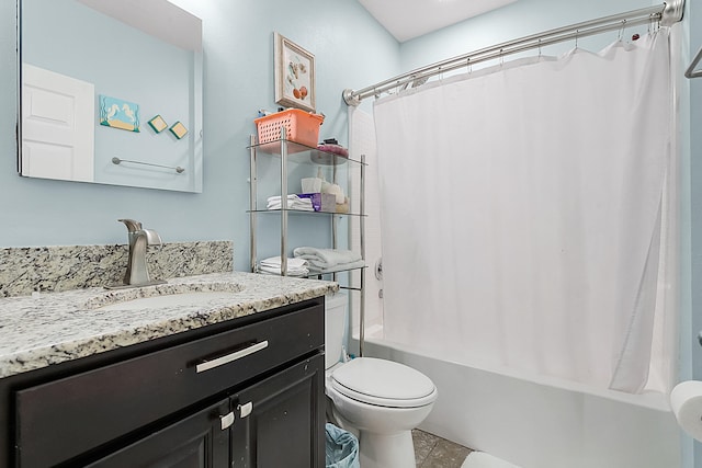 full bathroom with shower / tub combo, vanity, tile flooring, and toilet