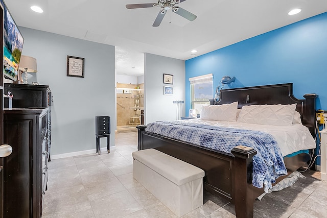 tiled bedroom with connected bathroom and ceiling fan