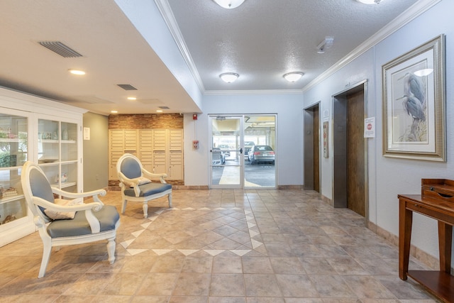 interior space featuring crown molding, a textured ceiling, and light tile floors