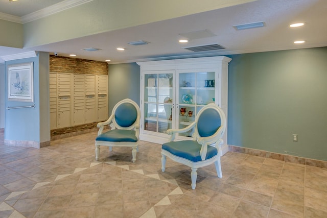 living area featuring light tile floors