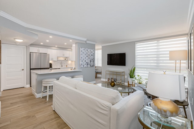 living room with crown molding and light hardwood / wood-style flooring