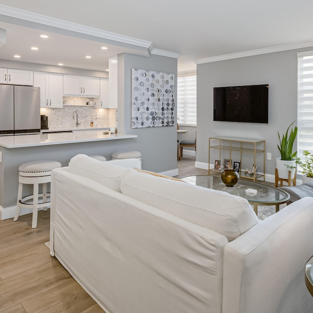 living room with crown molding, sink, and light hardwood / wood-style flooring