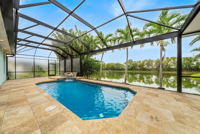 view of swimming pool with pool water feature, a hot tub, a lanai, a water view, and a patio