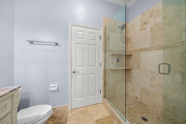 bathroom featuring vanity, walk in shower, tile floors, toilet, and crown molding