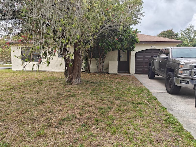 view of property hidden behind natural elements featuring a front lawn and a garage