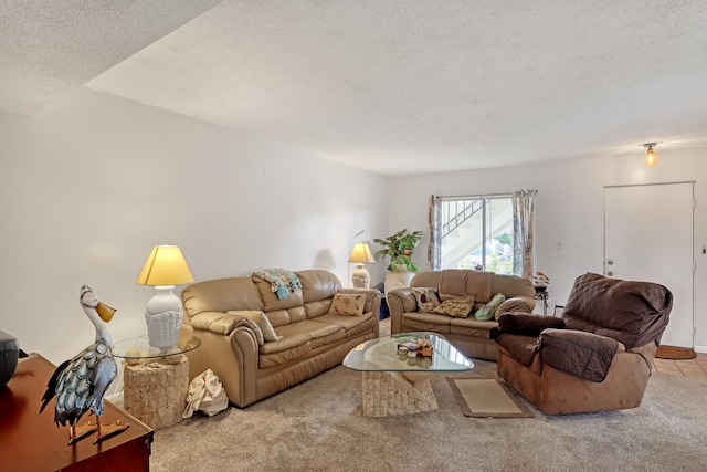 carpeted living room with a textured ceiling