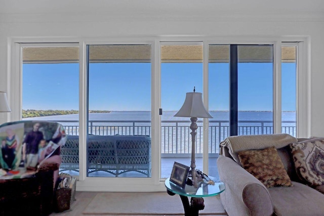 sunroom / solarium with a water view and a healthy amount of sunlight