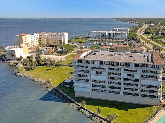 drone / aerial view featuring a water view