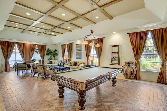 playroom with beamed ceiling, pool table, light parquet flooring, and coffered ceiling