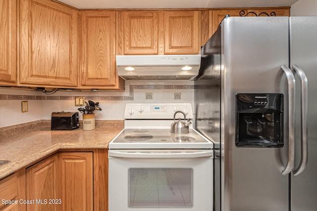 kitchen with backsplash, stainless steel fridge with ice dispenser, and white electric range oven