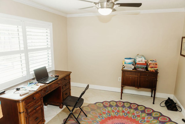 tiled office space with crown molding and ceiling fan