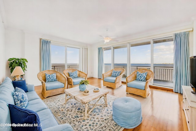 living room with light wood-type flooring, plenty of natural light, and ceiling fan