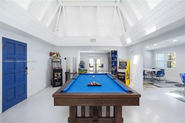 rec room with concrete flooring, billiards, high vaulted ceiling, and a skylight