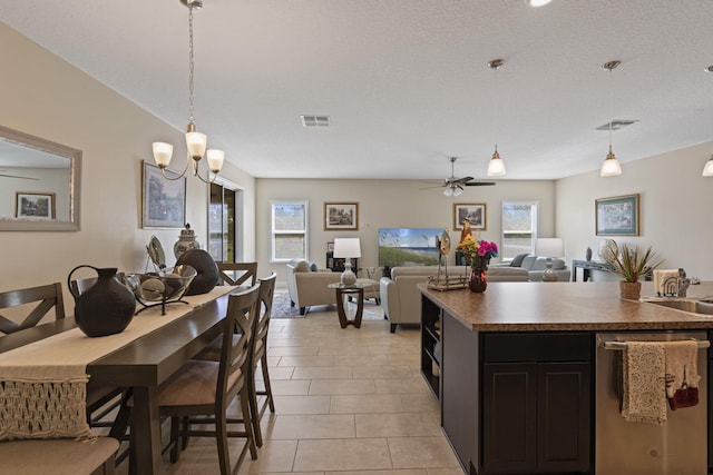 kitchen featuring stainless steel dishwasher, ceiling fan with notable chandelier, a textured ceiling, and a wealth of natural light