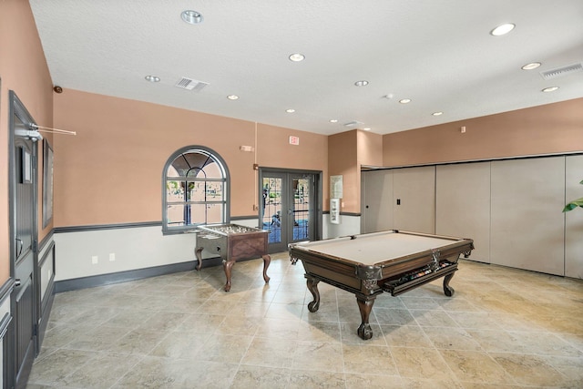 game room with french doors, light tile floors, and billiards