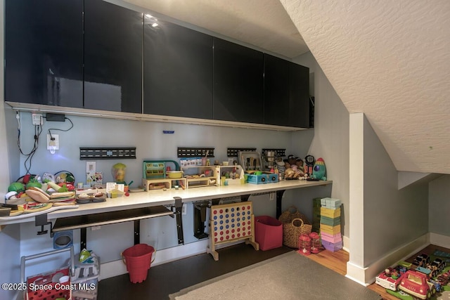 details with a textured ceiling, baseboards, and wood finished floors