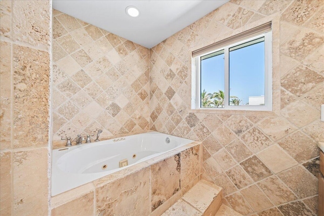 bathroom with tile walls