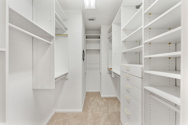 spacious closet featuring light colored carpet