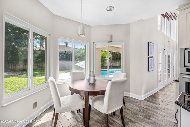 dining room with light hardwood / wood-style flooring and a healthy amount of sunlight