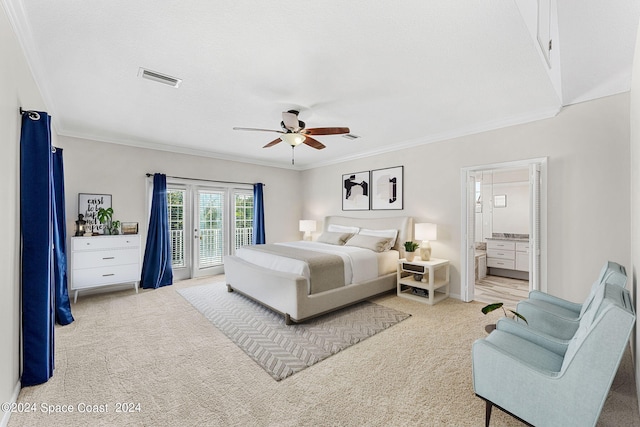 bedroom with ceiling fan, crown molding, and access to outside