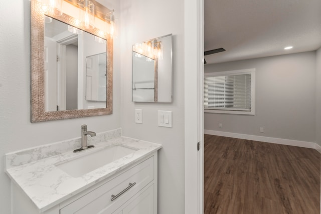 bathroom with wood-type flooring and vanity