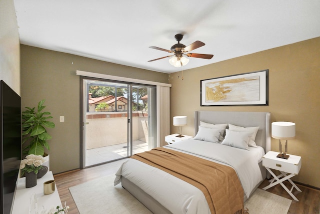 bedroom with ceiling fan, access to exterior, and hardwood / wood-style flooring