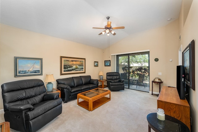 living room with light colored carpet, vaulted ceiling, and ceiling fan