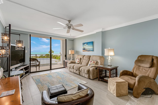 living room with crown molding, ceiling fan, and floor to ceiling windows