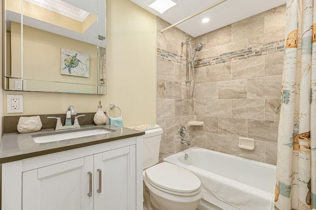 full bathroom featuring ornamental molding, oversized vanity, shower / bath combination with curtain, and toilet