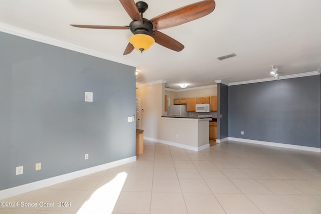 unfurnished living room with crown molding, light tile patterned floors, and ceiling fan