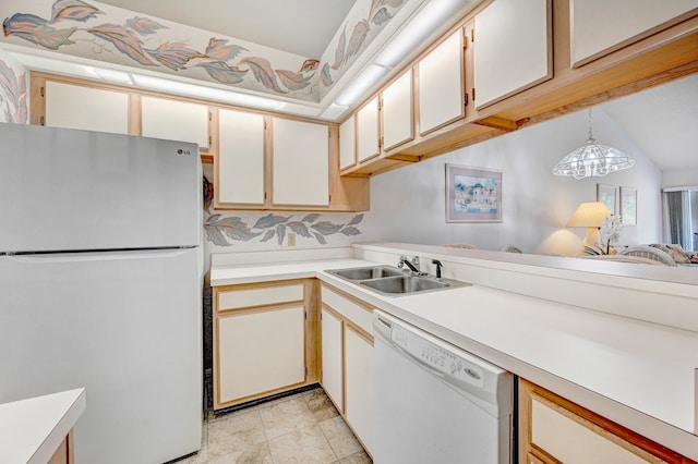 kitchen featuring decorative light fixtures, white appliances, light tile flooring, a chandelier, and sink