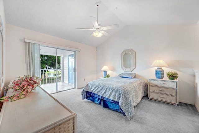 bedroom with ceiling fan, vaulted ceiling, light carpet, and access to exterior