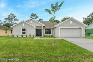 ranch-style home featuring a garage and a front yard