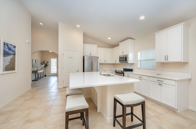 kitchen featuring a healthy amount of sunlight, sink, an island with sink, and appliances with stainless steel finishes