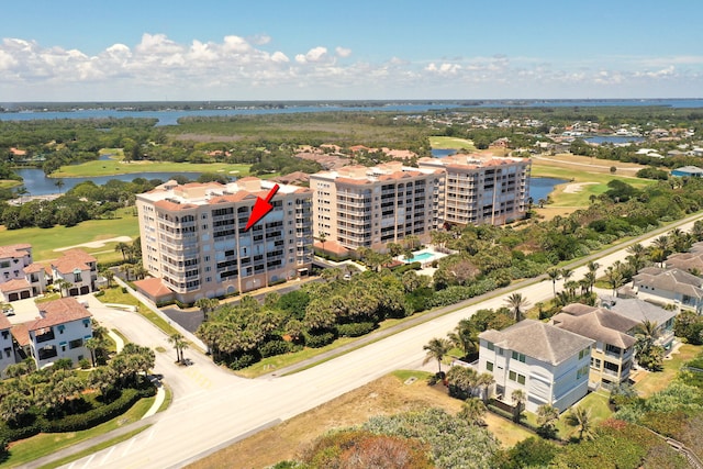 drone / aerial view with a water view