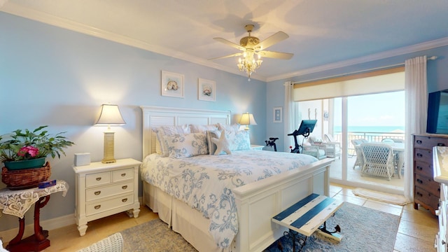 tiled bedroom with ceiling fan, a water view, access to exterior, and crown molding